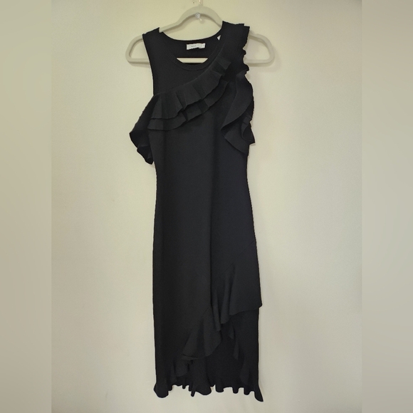 ALC Kellam Black Ribbed Cold Shoulder Ruffle Trim Stretch Knit Midi Dress Large - Picture 7 of 16